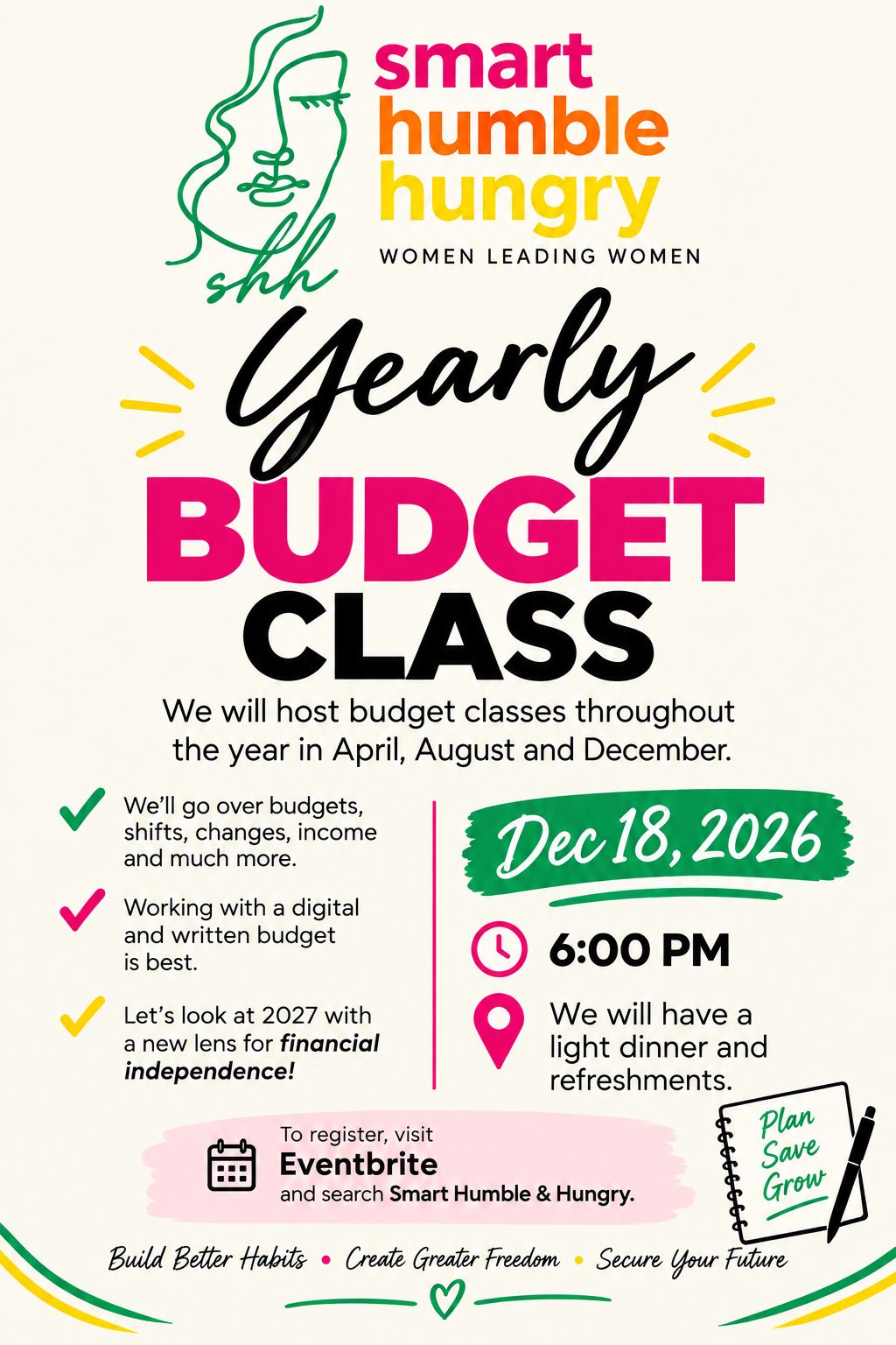 Yearly Budget Class flyer, December 18, 2026 at 6 PM